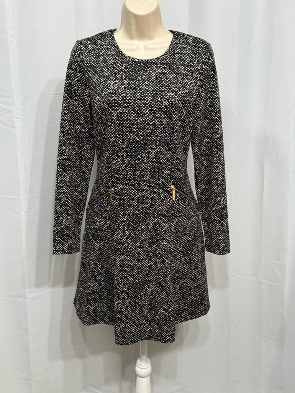 Michael Kors Women Black & Ivory Geometric Long Sleeve Fit & Flare Short Dress 6